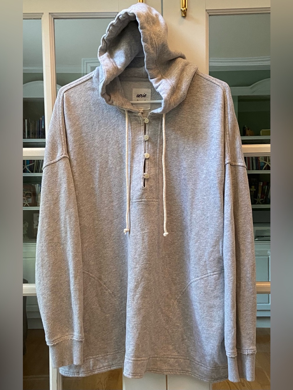 aerie Gray Hooded Oversized Sweatshirt with Buttons Size Small